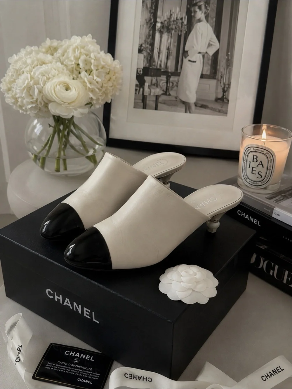 CHANEL Two-Tone Slip-On Mules in Cream and Black preloved